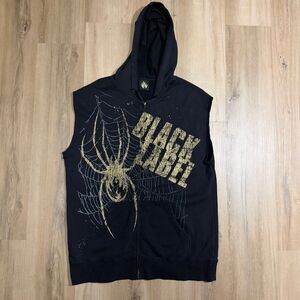 Vintage Black Label Skateboard Brand Sleeveless Y2K Black Hoodie Sz L Grunge Alt